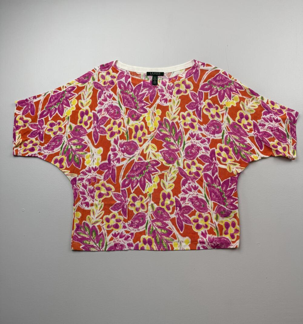 Lauren Ralph Lauren Shirt Womens M Orange Floral Boat Neck Short Sleeve Top